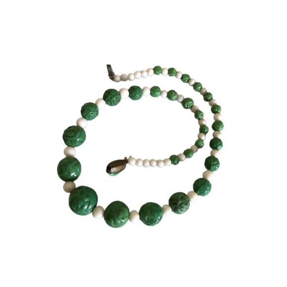 Antique Art Deco Molded Green Czech Glass Bead Choker Necklace Vintage 16” - Picture 4 of 6